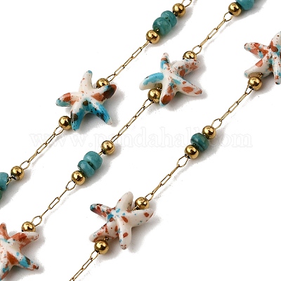 Цепи ручной работы из нержавеющей стали 304 с синтетическим бирюзовым узором в виде морской звезды CHS-L032-13G-06-1