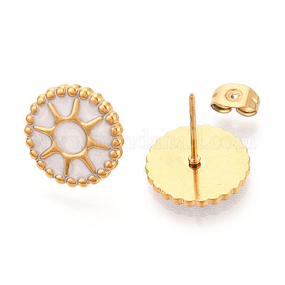 Плоские круглые серьги-гвоздики с солнцем из нержавеющей стали 304 с эмалью EJEW-T047-17G-B-1