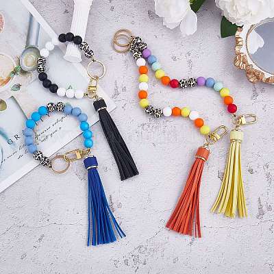 Силиконовый круглый брелок из бисера с кисточкой из искусственной кожи KEYC-SW00005-01-1