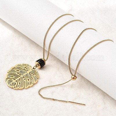 Ожерелья с подвеской в виде листа из нержавеющей стали 304 с дисковым стеклом NJEW-G184-02G-1