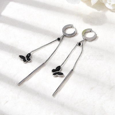 Серьги-кольца с кисточками и эмалью в виде бабочек из нержавеющей стали 304 EJEW-G453-10P-1
