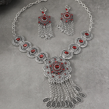 Комплекты ожерелий и серег-колец из цинкового сплава и стекла в стиле «Цветочная Богемия» FS-WGA974D-04-1
