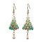 Brass Dangle Earring, with Glass Beads and Brass Earring Hooks, Christmas Tree, Golden, Light Green, 56x17.5mm