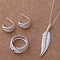 Brass Pendant Necklace & Stud Earring & Ring, 925 Sterling Silver Plated, Feather, 450mm & 20mm & 18mm