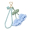 Handmade Cotton Yarn Crochet Lily of the Valley & Glass Pearl Round Bead Pendant Decorations, with Alloy Heart Shaped Swivel Clasps, Sky Blue, 200mm