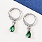 Brass Micro Pave Cubic Zirconia Teardrop Hoop Earrings, Platinum, Green, 22x5mm