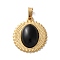 Natural Black Onyx(Dyed & Heated) Pendants, 304 Stainless Steel Flat Round Charms, Ion Plating(IP), Golden, 23x20x5~5.5mm, Hole: 4.5x3mm