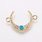 Brass Cubic Zirconia Links, with Synthetic Opal, Moon, Deep Sky Blue, Golden, 19.5x12.5x2mm, Hole: 1mm