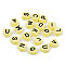 Opaque Acrylic Enamel Beads, Horizontal Hole, Heart with Mixed Black Letters, Pale Goldenrod, 7x7x4mm, Hole: 1.5mm, about 3600pcs/500g
