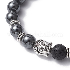 Браслеты из плетеных бусин из немагнитного синтетического гематита и натуральной лавы BJEW-JB12611-01