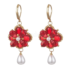 Серьги-подвески в форме цветка со стеклянными бусинами-капельками&nbsp;EJEW-MZ00670