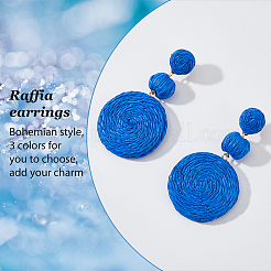 3 пара 3-х цветных плоских круглых висячих сережек-гвоздиков из рафии&nbsp;EJEW-AN0002-44