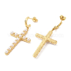 Серьги-пусеты с подвесками и крестом из АБС-пластика с имитацией жемчуга EJEW-K248-18G