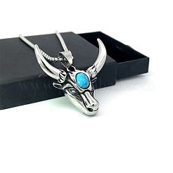 Мужские винтажные ожерелья с подвеской в виде головы коровы из нержавеющей стали с паве из синтетической бирюзы GA2673