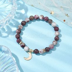 Эластичные браслеты круглой формы с турмалином из цветов сливы диаметром 8 мм и бусинами BJEW-JB10469-02