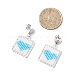 Серьги-гвоздики с подвесками в форме сердца из квадратного стеклянного бисера ручной работы&nbsp;EJEW-MZ00559-05