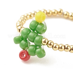 Кольцо на палец из стеклянных семян и латунных бусин рождественской елки RJEW-TA00038