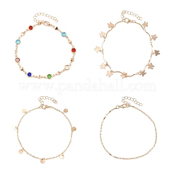 Сплав цветной горный хрусталь цепочка диск бабочка кисточка 4 многослойные браслеты для женщин AJEW-A069-01B-G