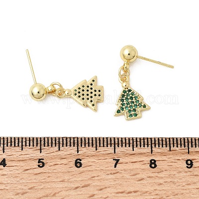 Рождественские серьги-гвоздики с подвесками из латуни с микропаве из кубических цирконий EJEW-L306-01G-01-1