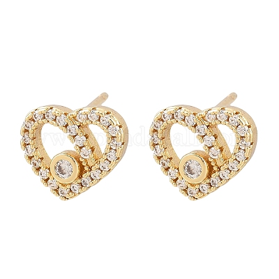 Серьги-гвоздики в форме сердца из латуни с прозрачным фианитом и прозрачным фианитом EJEW-F400-28B-G-1