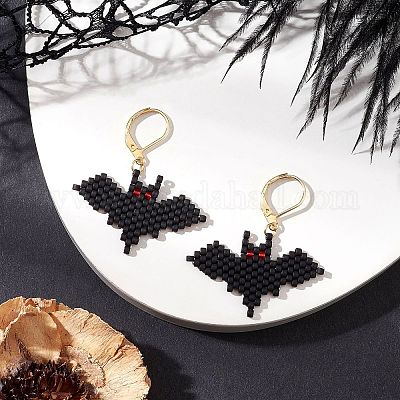 Тематика хэллоуина летучая мышь ручной работы стеклянные бусины серьги с застежкой-молнией EJEW-MZ00475-1