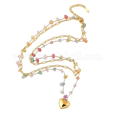 Ожерелья с подвеской в виде сердца из нержавеющей стали 304 и натуральных смешанных камней с разноцветной крошкой для женщин NJEW-Z061-06G-02-1