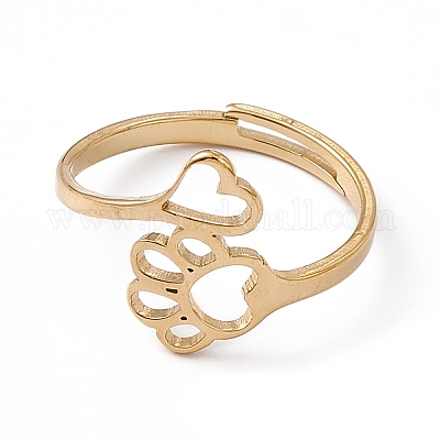 Ионное покрытие (ip) 201 нержавеющая сталь сердце и отпечатки собачьих лап регулируемое кольцо для женщин RJEW-K238-09G-1