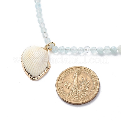 Колье из бусин из натурального аквамарина и лавы с подвеской из латуни NJEW-JN03997-1