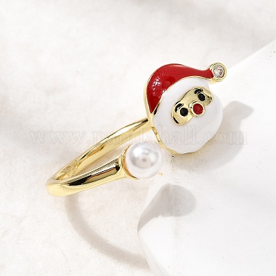 Рождественские кольца-манжеты из латуни с микропаве из кубических цирконий и эмалью для женщин RJEW-L336-02G-1