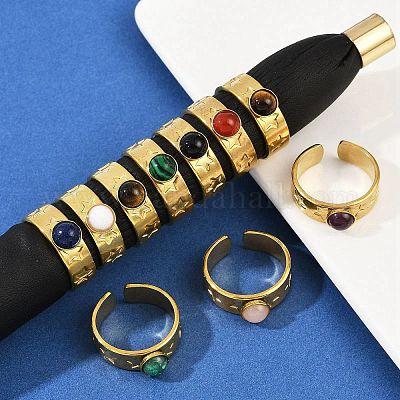 Кольца-манжеты из нержавеющей стали 316 с натуральными смешанными драгоценными камнями RJEW-Z098-01G-15-1