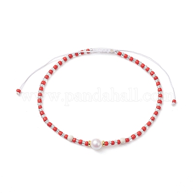 Регулируемые круглые плетеные браслеты на ногу из искусственного жемчуга AJEW-AN00672-01-1