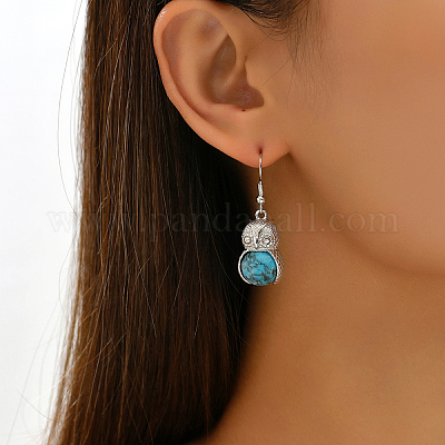 Серьги-подвески из латуни с искусственным бирюзовым узором в форме совы ZV6366-1