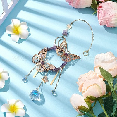 Украшение в виде кольца с железной бабочкой и натуральным аметистом HJEW-TA00244-1