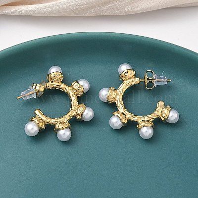 Серьги-гвоздики C-образной формы с искусственным жемчугом из АБС-стали 304 EJEW-K268-58G-1