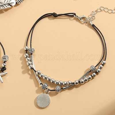 Браслеты на ногу из сплава с одной нитью из черного вощеного шнура FS-WGACEA5-04-1