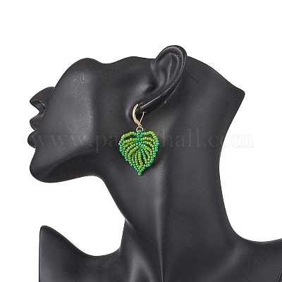 Листья стеклянные бусины ручной работы серьги с застежкой-молнией EJEW-MZ00490-01-1