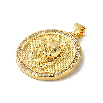 Плоские круглые подвески из латуни с микропаве и подвеской в виде льва KK-K377-55G-1