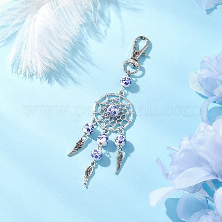 Фарфор с цветочным принтом и плетеная сетка из сплава с подвесными украшениями в виде перьев HJEW-JM04142-01-1