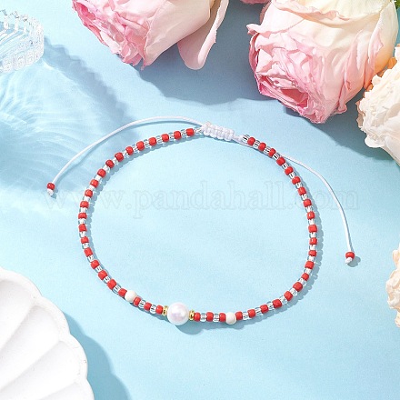 Регулируемые круглые плетеные браслеты на ногу из искусственного жемчуга AJEW-AN00672-01-1