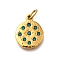304 Stainless Steel Rhinestone Pendants, with Jump Ring, Ion Plating(IP), Flat Round Charm, Real 14K Gold Plated, Indicolite, 19x15.5x2mm, Hole: 5x2.5mm