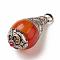 Tibetan Style Pendants, with Synthetic Turquoise, Synthetic Coral, Imitation Beeswax and Brass Findings, teardrop, Dark Orange, 33x15.5mm, Hole: 4mm