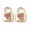Alloy Light Rose Rhinestone Pendants, Lock with Heart Charm, Golden, 15x9.5x3.5mm, Hole: 5x5mm