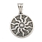 316 Surgical Stainless Steel Pendants, Flat Round with Sun Charm, Antique Silver, 29x25x3mm, Hole: 4.5x9mm