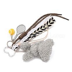 Подвеска в виде теннисной ракетки из полиэфирной веревки и сплава и плюшевого кролика&nbsp;HJEW-JM04385-03