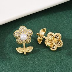 Серьги-гвоздики в форме цветка с микропаве из прозрачных кубических цирконий из латуни EJEW-L275-11G
