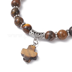Браслеты с подвесками-крестами из натурального тигрового глаза BJEW-JB12259-03