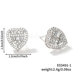 Элегантные серьги-гвоздики в форме сердца из латуни с прозрачным кубическим цирконием&nbsp;QP4520-1