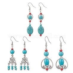 3 пара серег-подвесок из синтетического бирюзового сплава в тибетском стиле EJEW-JE06575
