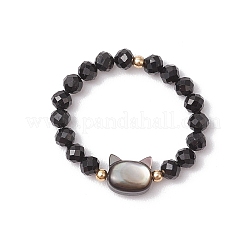 Кольца с бусинами из натурального радужного лунного камня и натурального черного турмалина&nbsp;RJEW-TA00196