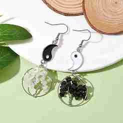 Серьги с подвесками из натурального лунного камня и натурального обсидиана EJEW-JE05743